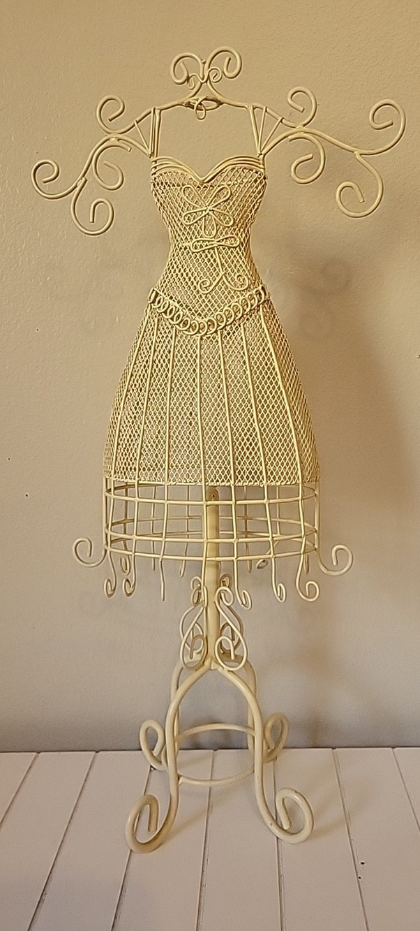 VTG White Metal Dress Shaped Jewelry Organizer Girls Women Hanger Rack 17” Tall